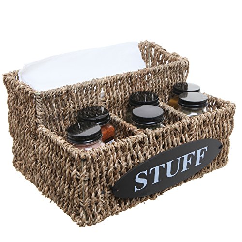 MyGift Beige Woven Seagrass Multipurpose Storage Basket 4 Compartment Organizer with STUFF Label, Desktop Mail Holder, Office Supplies Accessories Holder and Pencil Cup