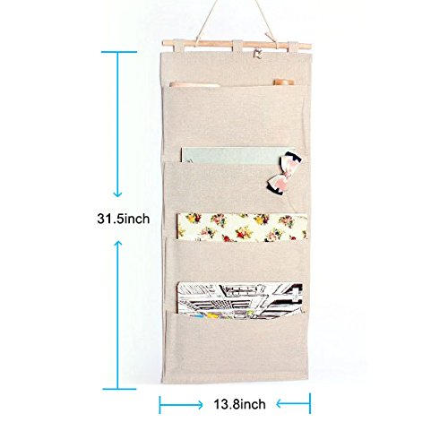 Co-link Linen/Cotton Fabric Wall Door Cloth Hanging Storage Pockets Books Organizational Back to School Office Bedroom Kitchen Rectangle Home Organizer Gift (4 Pockets)