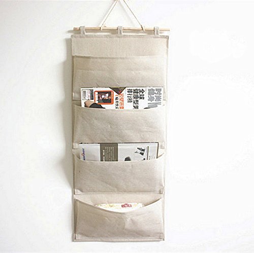 Co-link Linen/Cotton Fabric Wall Door Cloth Hanging Storage Pockets Books Organizational Back to School Office Bedroom Kitchen Rectangle Home Organizer Gift (4 Pockets)