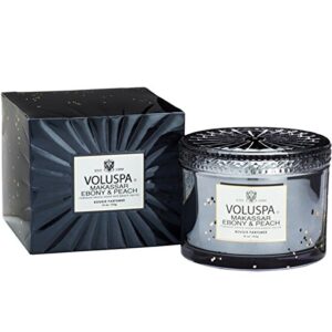 voluspa makassar ebony and peach candle | corta maison boxed glass | 11 ounces | 45 hour burn time | vegan | proprietary coconut wax and all natural wicks for a cleaner burn