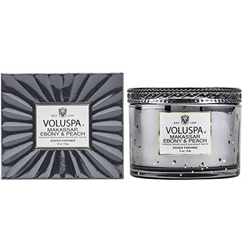 Voluspa Makassar Ebony and Peach Candle | Corta Maison Boxed Glass | 11 Ounces | 45 Hour Burn Time | Vegan | Proprietary Coconut Wax and All Natural Wicks for a Cleaner Burn