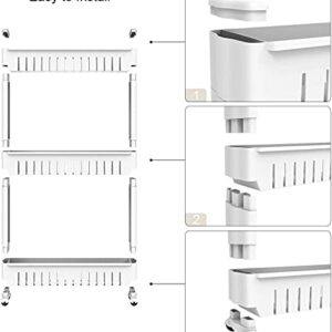 Todeco 3 Tier Slim Storage Cart Mobile Shelving Unit Organizer Slide Out Storage Rolling Utility Cart Tower, Gap Storage Pantry Storage Rack for Kitchen Bathroom Laundry Narrow Spaces, Plastic, White