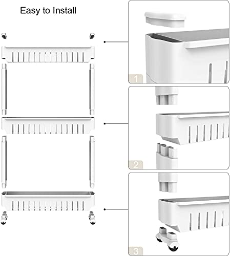 Todeco 3 Tier Slim Storage Cart Mobile Shelving Unit Organizer Slide Out Storage Rolling Utility Cart Tower, Gap Storage Pantry Storage Rack for Kitchen Bathroom Laundry Narrow Spaces, Plastic, White