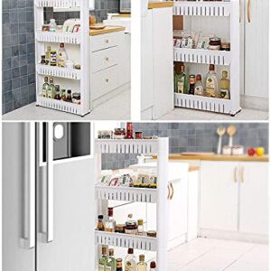 Todeco 3 Tier Slim Storage Cart Mobile Shelving Unit Organizer Slide Out Storage Rolling Utility Cart Tower, Gap Storage Pantry Storage Rack for Kitchen Bathroom Laundry Narrow Spaces, Plastic, White