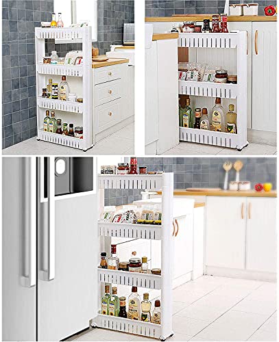 Todeco 3 Tier Slim Storage Cart Mobile Shelving Unit Organizer Slide Out Storage Rolling Utility Cart Tower, Gap Storage Pantry Storage Rack for Kitchen Bathroom Laundry Narrow Spaces, Plastic, White