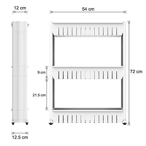 Todeco 3 Tier Slim Storage Cart Mobile Shelving Unit Organizer Slide Out Storage Rolling Utility Cart Tower, Gap Storage Pantry Storage Rack for Kitchen Bathroom Laundry Narrow Spaces, Plastic, White
