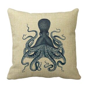 romantichouse cotton linen square decorative navy blue octopus illustration on cream pillowcase