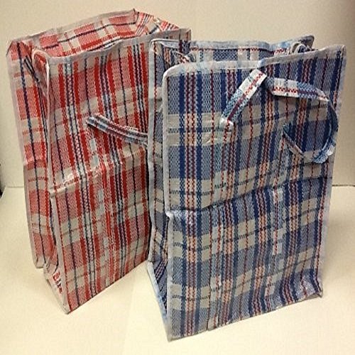 Set of 2 Extra-Large Plastic Poly Woven Checkered Storage Laundry Shopping Bags W. Zipper & Handles Size 23"x23"x5"