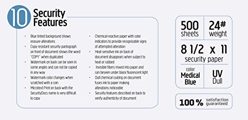 SecurityDocs ULTRA Security Paper - 10 Security Features, Suitable for Prescriptions Pads and All Business Needs, tamper-resistant, COPY Pantograph, 8.5 x 11-24 LB, Medical Blue, 500 Sheets (59219)