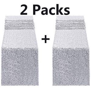 FECEDY 2 Packs 12 x 108inch Glitter Silver Sequin Table Runner for Birthday Wedding Engagement Bridal Shower Baby Shower Bachelorette Holiday Celebration Party Decorations