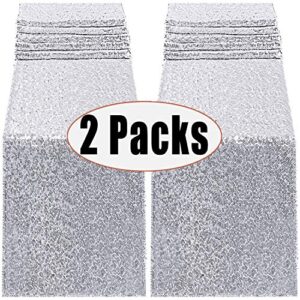 FECEDY 2 Packs 12 x 108inch Glitter Silver Sequin Table Runner for Birthday Wedding Engagement Bridal Shower Baby Shower Bachelorette Holiday Celebration Party Decorations