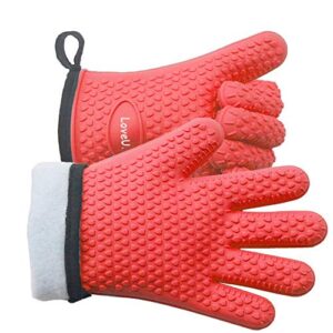 loveuing kitchen oven gloves - silicone and cotton double-layer heat resistant oven mitts/bbq gloves/grill gloves - perfect for baking and grilling - 1 pair (one size fits most, red)
