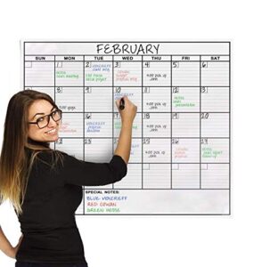 jumbo dry erase laminated wall calendar, huge 36 inch by 48 inch size, monthly planner for home office classroom, large date boxes, reusable pet film, never folded, 5 markers, 8 tacks, 1 eraser