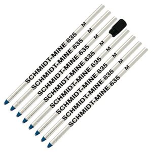 8 x schmidt 635m mini ball pen d1 size refills – blue ink and one removable black end cap.