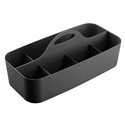 mDesign Large Plastic Divided Office Storage Organizer Caddy Tote with Handle for Cabinet, Desk, Workspace - Holds Desktop Supplies, Pens, Pencils, Markers, Staplers - Lumiere Collection - Black