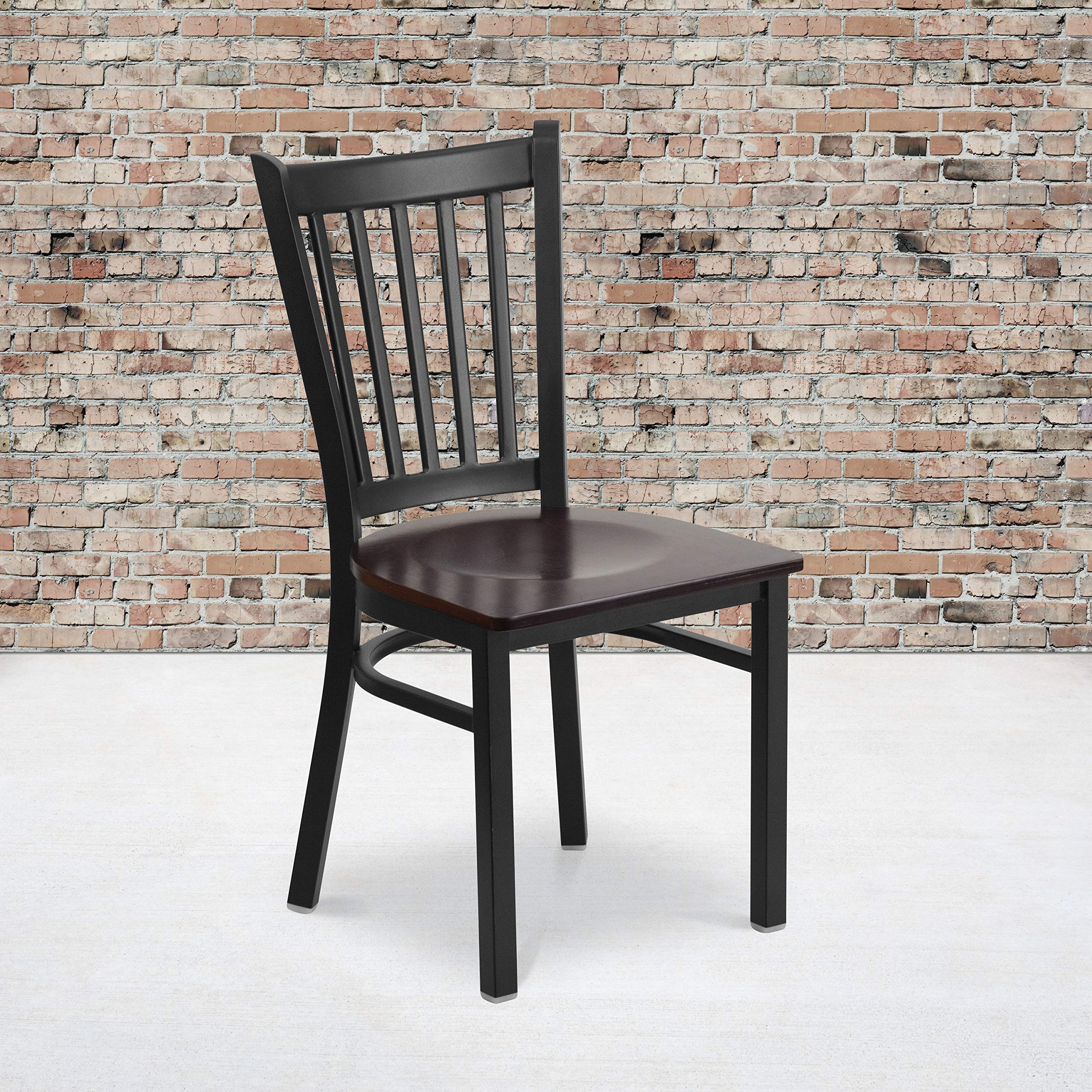 Flash Furniture HERCULES Series Black Vertical Back Metal Restaurant Chair - Walnut Wood Seat