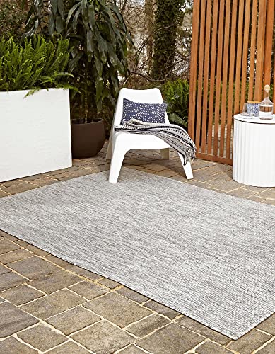 Unique Loom Collection Casual Transitional Solid Heathered Indoor/Outdoor Flatweave Area Rug, 4 ft x 6 ft, Light Gray/Ivory