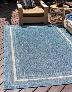 unique loom outdoor border collection area rug - soft border (6' 1" x 9' rectangle, blue/ ivory)