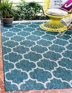 unique loom outdoor trellis collection area rug (7' 1" x 10' rectangle, teal/ gray)