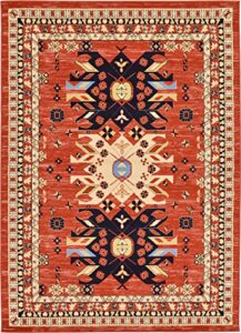 unique loom taftan collection border geometric tribal inspired design area rug, 7 ft x 10 ft, terracotta/ivory