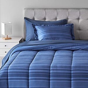 Amazon Basics Lightweight Microfiber Bed-In-A-Bag 5 Piece Comforter Bedding Set, Twin/Twin XL, Blue Calvin Striped