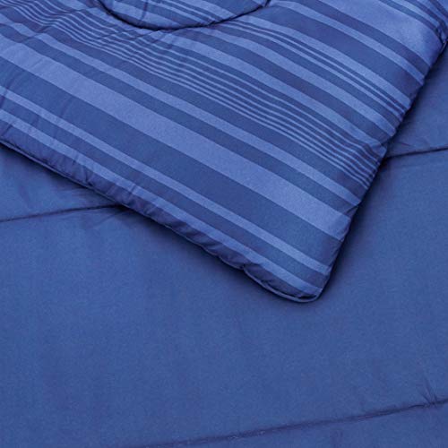 Amazon Basics Lightweight Microfiber Bed-In-A-Bag 5 Piece Comforter Bedding Set, Twin/Twin XL, Blue Calvin Striped