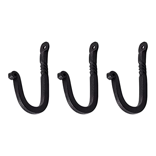 Renovators Supply Bathroom Hooks 3.5 in. Black Wrought Iron Wall Mount Hooks for Hanging Robe, Towel, Hat, or Jewellery with Mounting Hardware Pack of 3