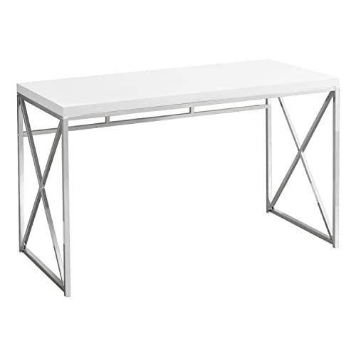 Monarch Specialties 7205 Computer Desk, Home Office, Laptop, Work, Laminate, Contemporary, Modern Desk-48 L Glossy White Chrome Metal, 47.25" L x 23.75" W x 29.75" H