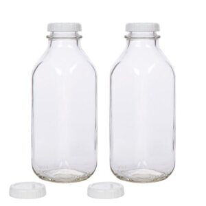 radiant day co. glass milk bottle with extra lids - set of 2 - usa made 33.8 oz jug - thick durable milk bottle larger than 1 quart
