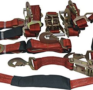 4 Axle Strap Tie Downs 24" Long and 4 Ratchet Tow Straps Car Haulers - Red