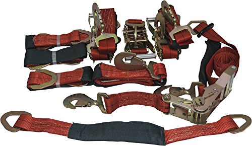 4 Axle Strap Tie Downs 24" Long and 4 Ratchet Tow Straps Car Haulers - Red