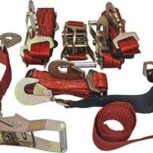 4 Axle Strap Tie Downs 24" Long and 4 Ratchet Tow Straps Car Haulers - Red