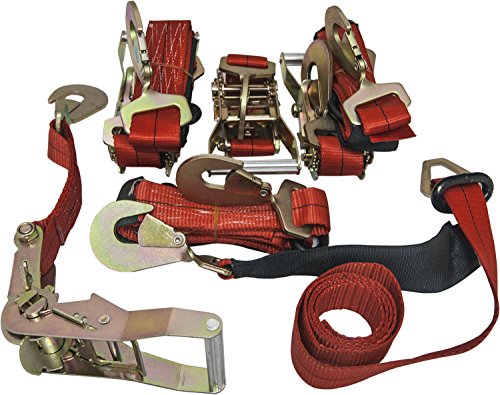 4 Axle Strap Tie Downs 24" Long and 4 Ratchet Tow Straps Car Haulers - Red