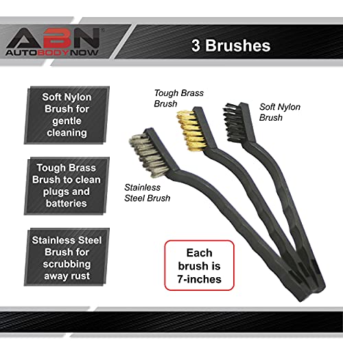 ABN 7in Mini Wire Detail Brush 3pc Set – Nylon, Brass, Stainless Steel – Metal Detail Brushes for Cleaning & Automotive