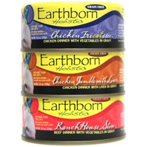 Earthborn Holistic Wet Cat Food Variety Pack - 3 Flavors (Chicken Jumble with Liver, RanchHouse Stew, and Chicken Fricatssee) - 5.5 Ounces Each (12 Total Cans)