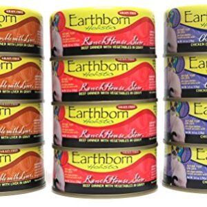 Earthborn Holistic Wet Cat Food Variety Pack - 3 Flavors (Chicken Jumble with Liver, RanchHouse Stew, and Chicken Fricatssee) - 5.5 Ounces Each (12 Total Cans)