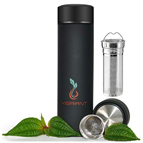 VIBRANT ALL IN ONE Travel Mug - TEA INFUSER Bottle WITH 2 PIECE EXTRA-LONG STEEPER STRAINER MESH FILTER - HOT COFFEE THERMOS - Cold FRUIT INFUSED Water LEAK PROOF Double wall Stainless Steel 16.9 oz