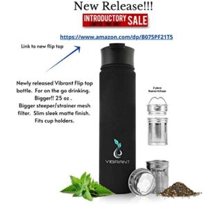 VIBRANT ALL IN ONE Travel Mug - TEA INFUSER Bottle WITH 2 PIECE EXTRA-LONG STEEPER STRAINER MESH FILTER - HOT COFFEE THERMOS - Cold FRUIT INFUSED Water LEAK PROOF Double wall Stainless Steel 16.9 oz