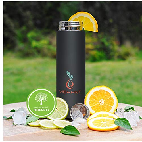 VIBRANT ALL IN ONE Travel Mug - TEA INFUSER Bottle WITH 2 PIECE EXTRA-LONG STEEPER STRAINER MESH FILTER - HOT COFFEE THERMOS - Cold FRUIT INFUSED Water LEAK PROOF Double wall Stainless Steel 16.9 oz