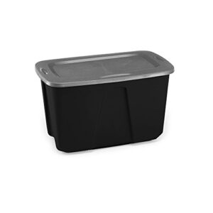 homz plastic storage tote box, with lid, 32 gallon, black and silver, stackable, 6-pack