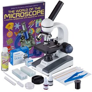 amscope - 40x-1000x cordless student compound microscope + slide preparation kit + world of the microscope book - m150c-sp14-cls-50p100s-wm