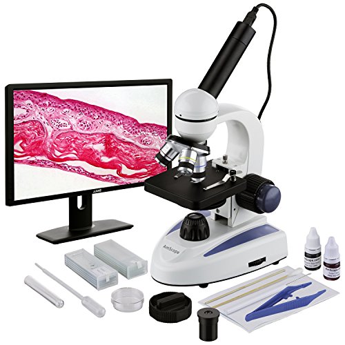 AmScope - 40X-1000X Biology Science Metal Glass Student Microscope with USB Digital Camera + Slide Preparation Kit - M158C-SP14-E