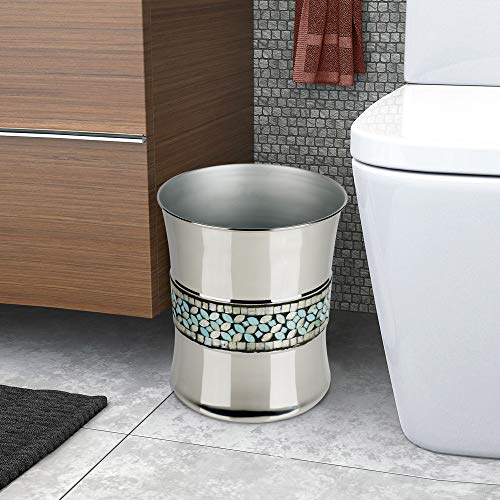 nu steel Sea Foam Wastebasket Trash Bin in Aqua Blue/Silver Glass Mosaic/ Stainless Steel for Bathrooms & Vanity Spaces