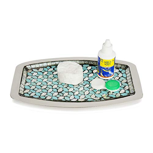 nu steel Sea Foam Amenity Tray in Aqua Blue/Silver Glass Mosaic/ Stainless Steel for Bathrooms & Vanity Spaces