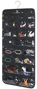 freegrace hanging jewelry organizer revolving hanger - secure zipper closure - 50 pockets - foldable storage & display solution - for all jewelry & bijoux (black)