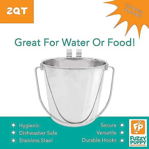 Fuzzy Puppy Flat Sided Pail with Dual Hooks, Snugly Fit On Dog, Cat and Critter Crates & Cages, Heavy Duty Stainless Steel, 2 Quart (FSP-2)