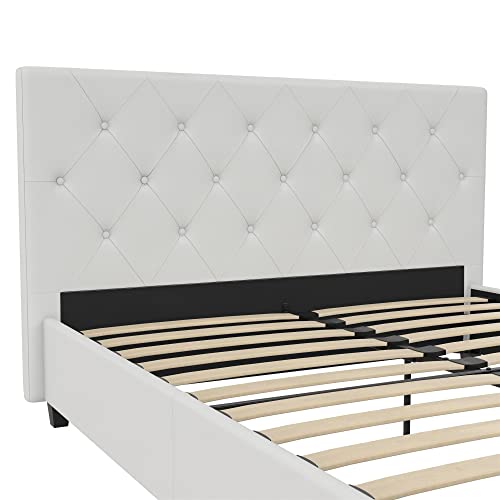 DHP Dakota Upholstered Platform Bed with Diamond Button Tufted Headboard and Footboard, No Box Spring Needed, Full, White Faux Leather