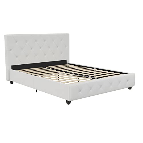 DHP Dakota Upholstered Platform Bed with Diamond Button Tufted Headboard and Footboard, No Box Spring Needed, Full, White Faux Leather