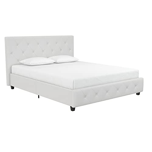 DHP Dakota Upholstered Platform Bed with Diamond Button Tufted Headboard and Footboard, No Box Spring Needed, Full, White Faux Leather