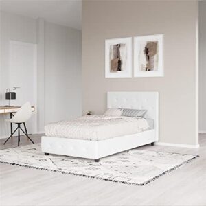dhp dakota upholstered platform bed with diamond button tufted headboard and footboard, no box spring needed, twin, white faux leather